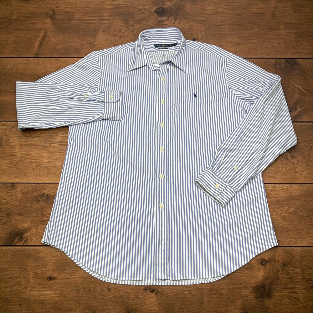 Ralph Lauren Performance Mens Large Blue White Striped Button Down Shirt REA